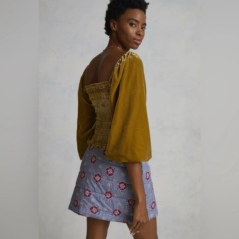 Anthropologie Puff Sleeve Velvet Blouse Medium Smocked Bodice Square Neck Gold - Picture 4 of 14